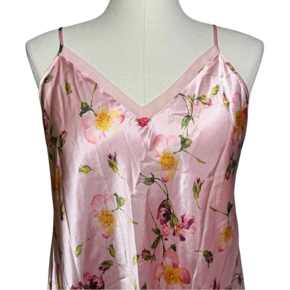 Cruz Pink Floral Satin Nightgown Slip Vintage Dress - Picture 7 of 9